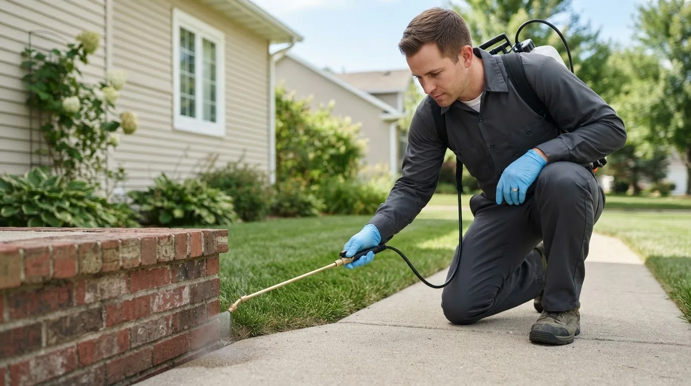 Pest control technician treating a home near Pierpont, OH