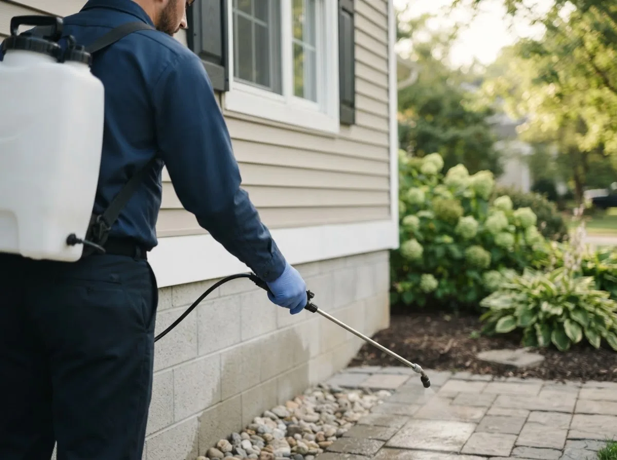 Pest control technician inspecting a home in Pierpont, OH